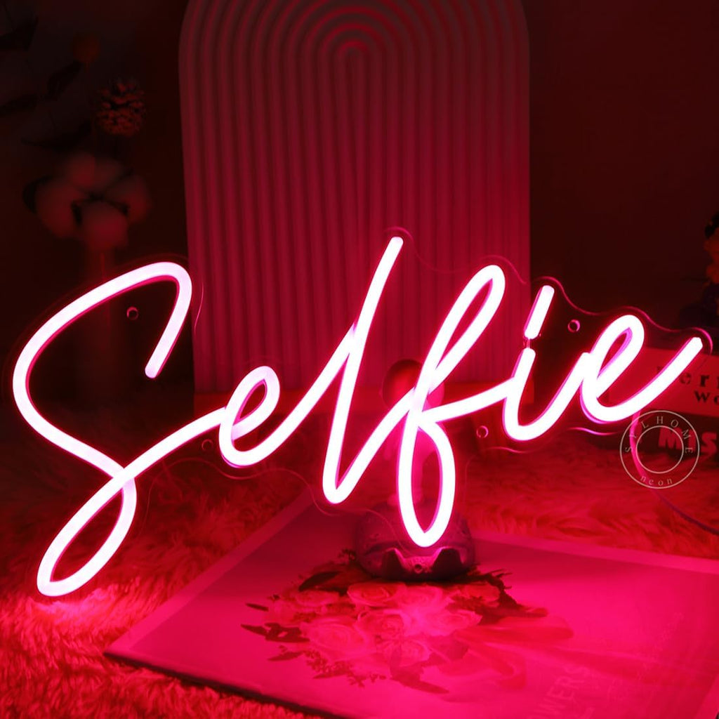 SYLHOME Selfie Pink LED Neon Light Sign Cute Makeup Girls Bedroom Light Up Mirror Wall Decor Sign Photo Studio Boys Kids Room Birthday Party Decor USB 15.2" X 7.1"