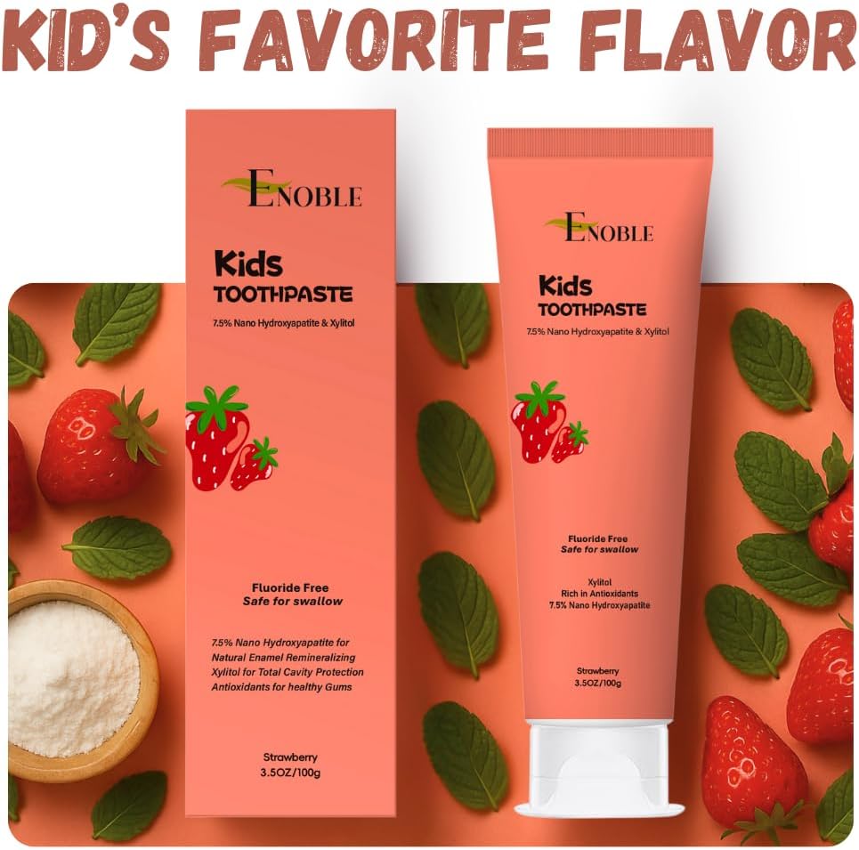 Enoble Kids Toothpaste | Natural Whitening Fluoride-Free Toothpaste for Kids & Adults | 7.5% Nano-Hydroxyapatite, 5% Xylitol, Green Tea & Aloe Vera | Strawberry | Safe if Swallowed | 3.5 oz, Pack of 1