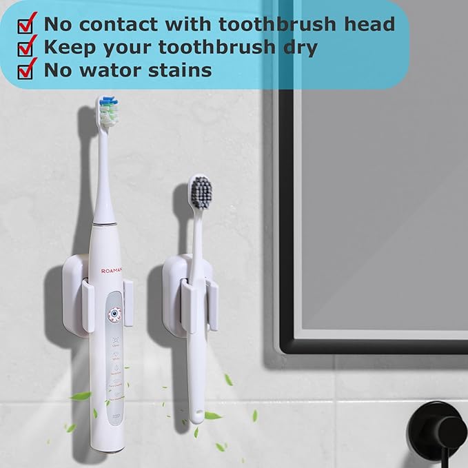 2PCS Toothbrush Holder Wall Mounted, Self Adhesive Electric Toothbrush Organizer for Bathroom, Waterproof Multi-Function Holder for Dorm, Cabinet(White)