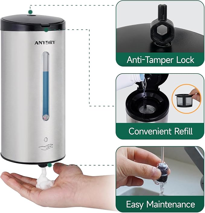 Automatic Foaming Soap Dispenser Wall Mounted 25oz (750ml) Brushed Stainless Steel with Sturdy Metal Mounting Plate Commercial Touchless