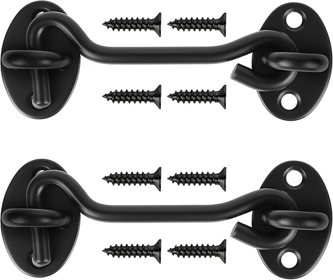 4" Black Stainless Steel Gate Latch, Barn Door Lock with Screws, Privacy Hook for Inside Door, Fence, Window, 2 PCS