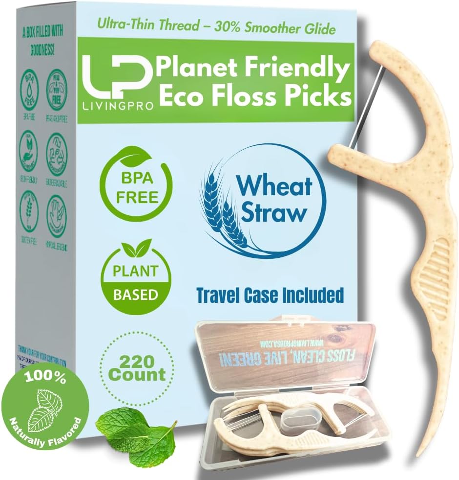 Plant Based Naturally Mint Infused Floss Picks(220pcs) with Travel Case | Biodegradable Straw Wheat Handle | Thin Single Thread Flosser, Shred-Resistant- Easy Glide for Plaque Removal & Gentle on Gum