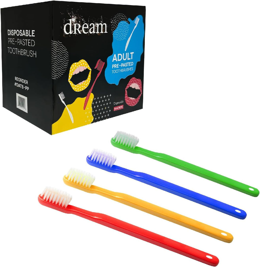 The Essentials Dreams 144 Pack Disposable Toothbrushes with Mint Toothpaste, Individually Wrapped - Prepasted Single Use Toothbrush with Soft Bristles for Camping, Hotels, Travel, Airbnb