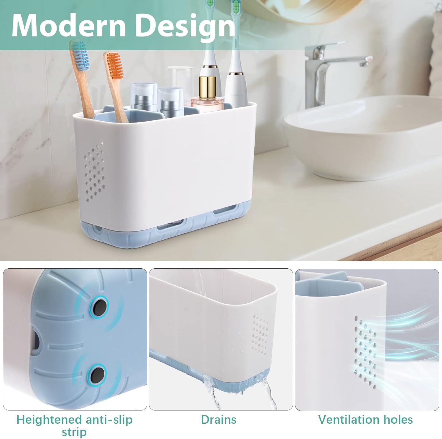 Boperzi Electric Toothbrush Holder for Bathroom Organizer Countertop, Detachable Anti-Slip Blue Toothpaste Storage Caddy 6 Slots White with Drainage Holes for Makeup Brush Razor Stand