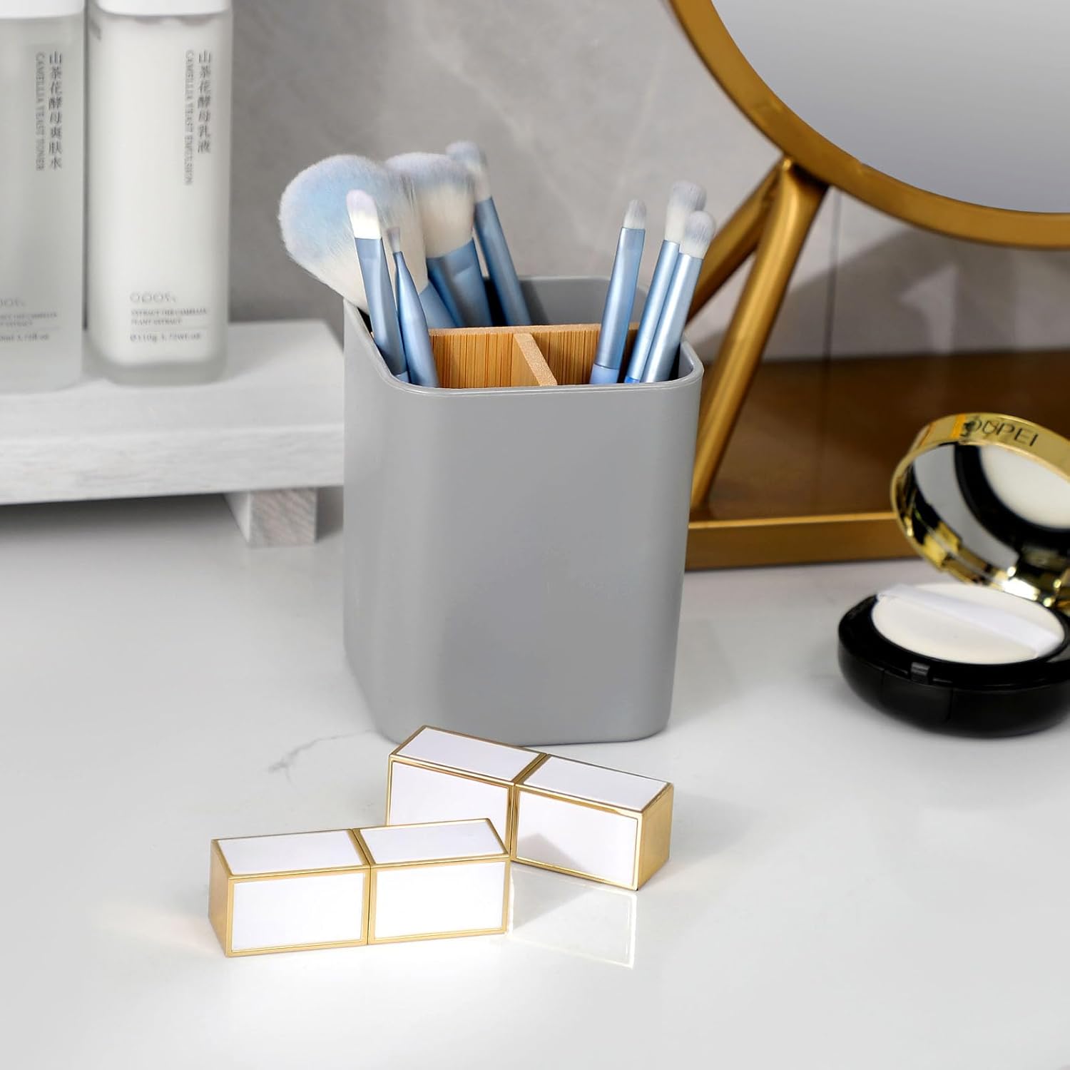 Bamboo Toothbrush Holder for Bathrooms, 3 Slots Toothbrush and Toothpaste Holder Bathroom Counter Organizer for Electric Toothbrushes, Floss, Razors - Gray