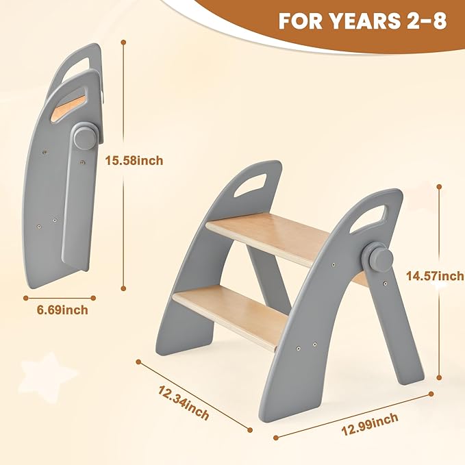 Wooden Step Stool, Two Step Stools, 300 lb. Load Capacity, with Safety Non-Slip Pads and Handles, Bamboo Step Stool for Bathroom and Kitchen, Children's Christmas Gift (Grizzly)