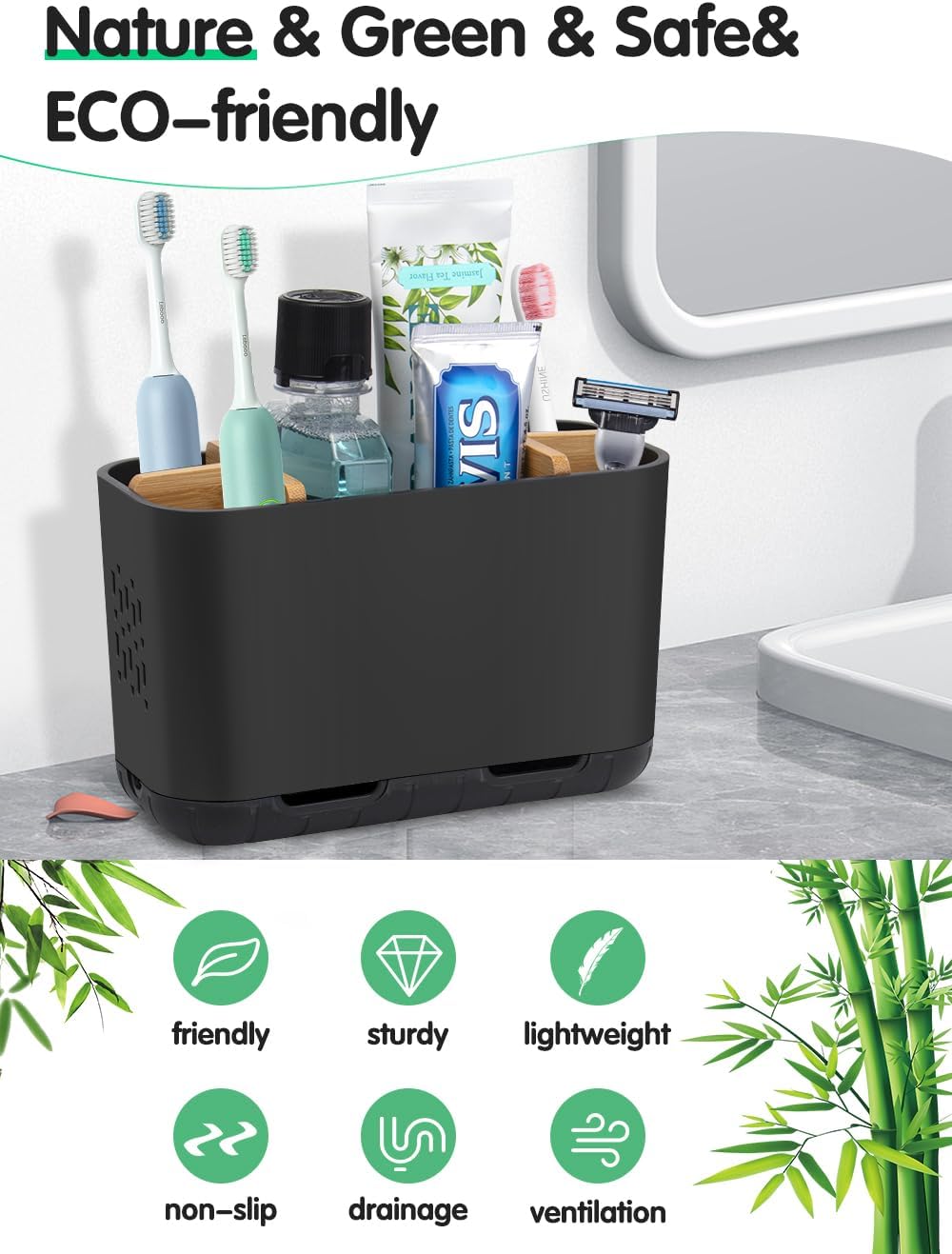 Black Toothbrush Holder, Bamboo Toothbrush and Toothpaste Holder with Drainage, Electric Kids Matte Black Toothbrush Holders Set Organizer for Bathrooms Countertop Accessories Storage