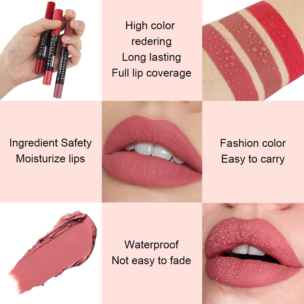 evpct 1Pcs Nude Bright Pink Matte Lip Pencil Crayon Liner for Women, Matte Lipstick Lip Stain Long Lasting Waterproof labiales mate magicos 24 horas originales pintalabios permanente 24 horas 15