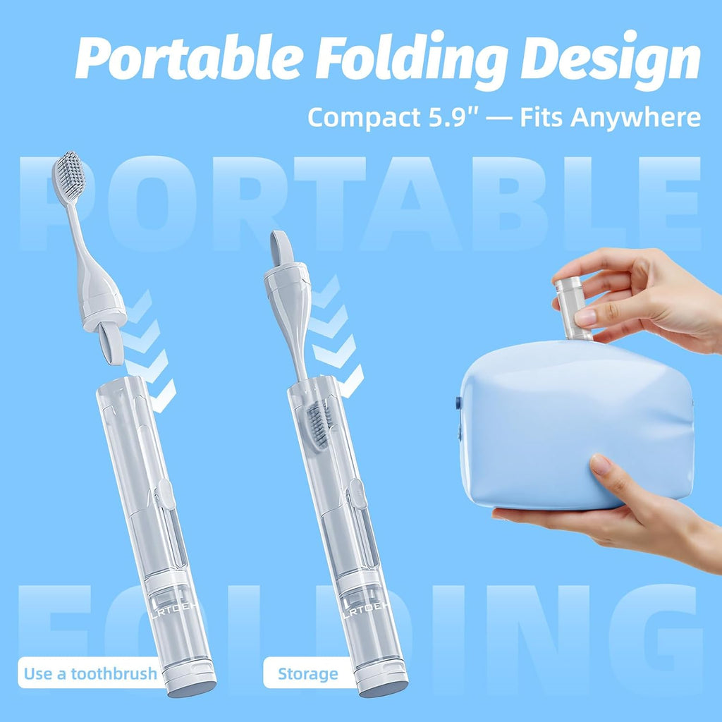 Travel Toothbrush with Built-in Toothpaste Container, Foldable Toothbrush with 2 Soft Brush Head, Portable Reusable Toothbrushes for Business Trips, Camping, Travel Size（White）