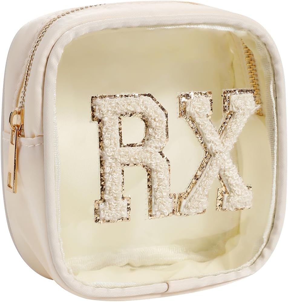 Small Chenille Letter Clear Medicine Makeup Bags,Nylon PVC Waterproof Rx Pouch with Metal Zipper, Cute Drug First Aid Travel Organizer for Women Girls(06Beige)