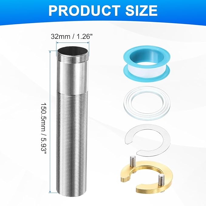uxcell Faucet Mount Extension Shank 6"x 1.25" Stainless Steel Pipe Faucet Extension Nipple Locknut Kit with Stainless Steel Thick Anti-Loose Nut and Gasket Fittings for Basin