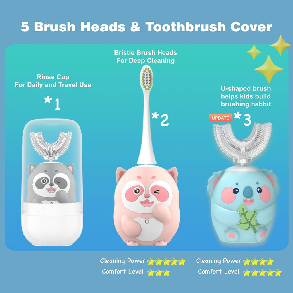 Kids Electric Toothbrush, U Shaped Toothbrush Kids Sonic Automatic Brush with 5 Brush Heads 6 Cleaning Modes IPX7 Waterproof Rechargeable Smart Timer for Children(Ages 2-7, Koala Cyan)