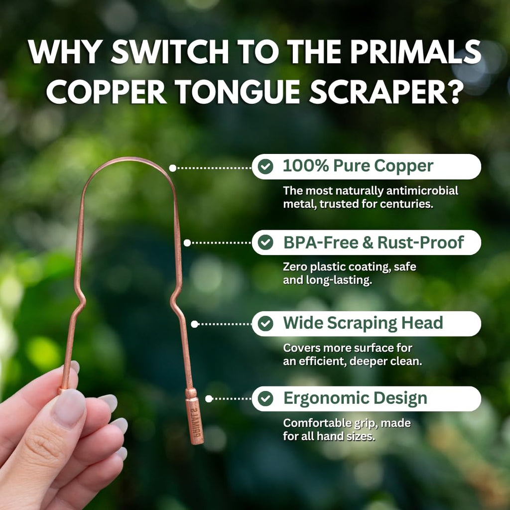 PRIMALS Copper Tongue Scraper - Fresher Breath & Improved Oral Health - Natural Ayurvedic Cleaner for Daily Detox - Rust-Resistant, Eco-Friendly with Travel Cloth Pouch Included (1 Count)