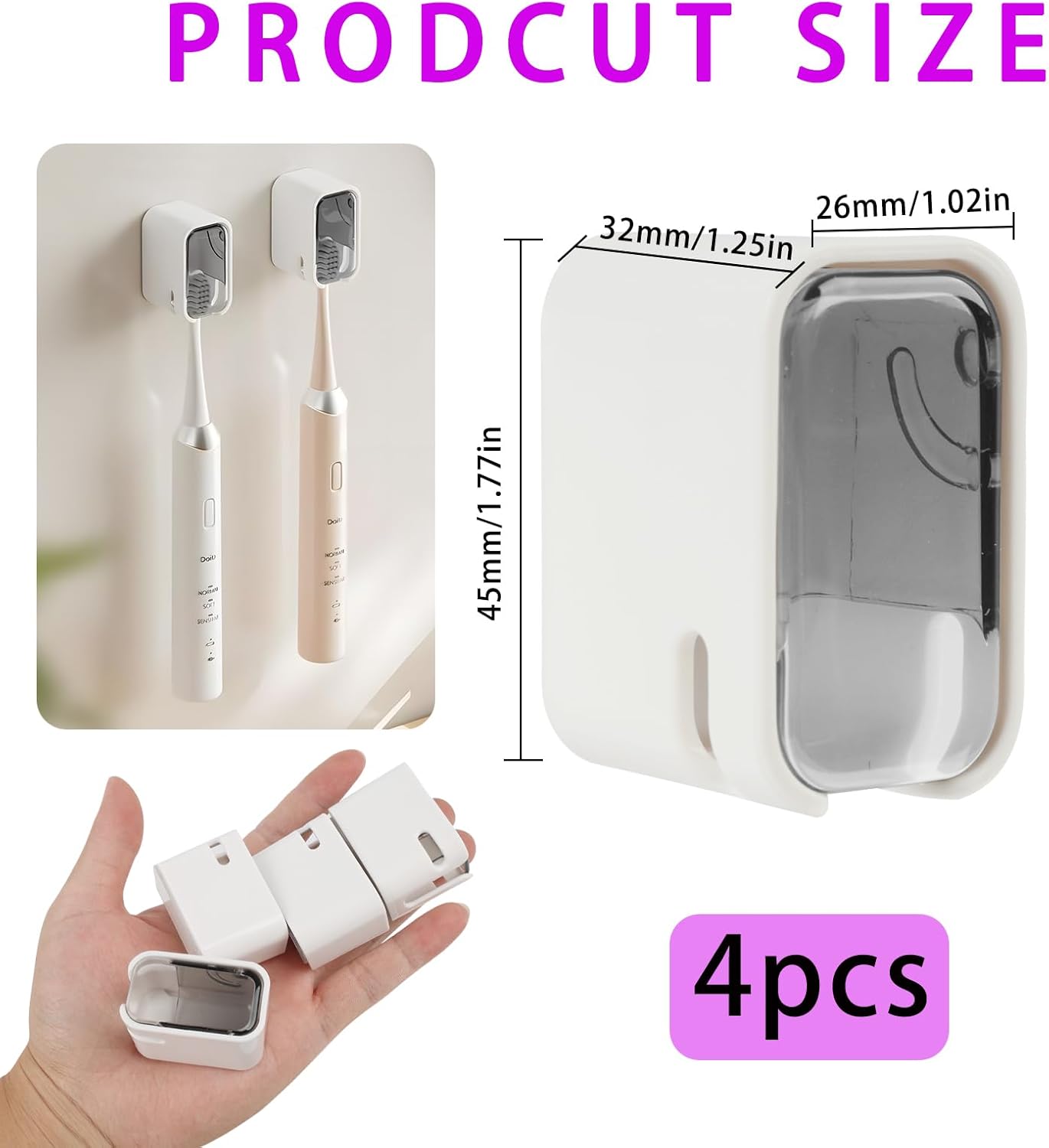 4PC Wall Mounted Toothbrush Holder Set with Cover, Waterproof and Dustproof Electric Toothbrush Holders, Durable ABS+PS Material, Suitable for 99% of Toothbrushes, Bathroom Tooth Brush Holder