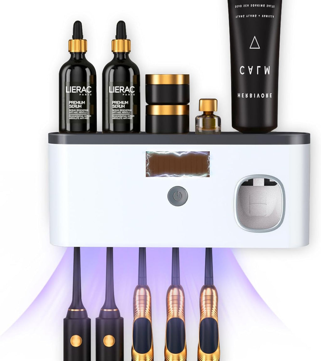 Wall Mounted Toothbrush Holder with Toothpaste Dispenser Electric Toothbrush Holder for Bathroom Solar Charging and No Drilling Required Smart Toothbrush Organizer with 5 Brush Slots