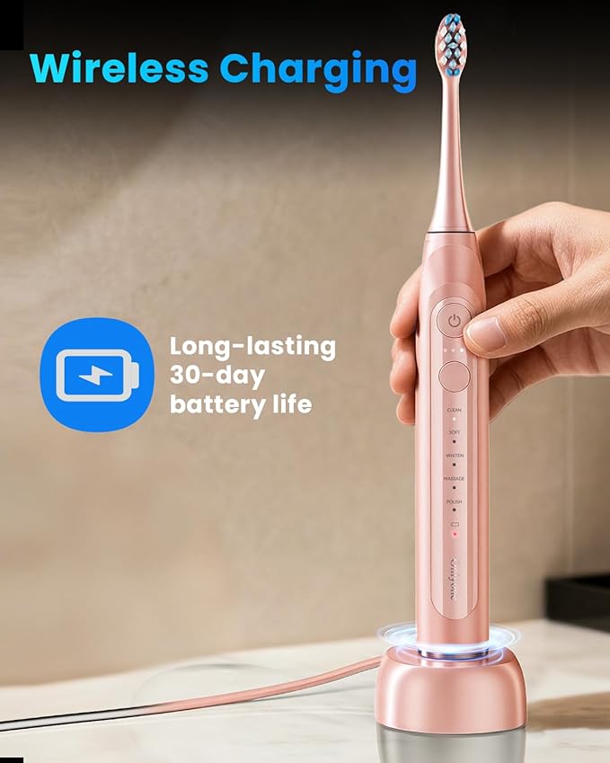 Onlyone Sonic Electric Toothbrush for Adults, Rechargeable Ultrasonic Electric Toothbrush with 8 Brush Heads, Travel Case, Charging Base & Wireless Charging - 5 Modes with Smart Timer