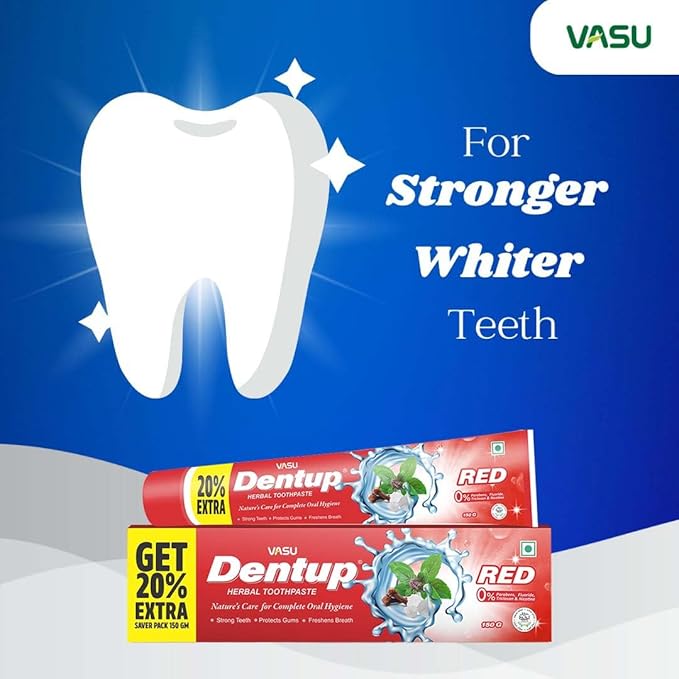 Vasu Dentup RED Herbal Toothpaste - Herbal Oral Care with Clove Oil & Mint - Fluoride-Free Natural Toothpaste for Daily Use - Fights Plaque, Freshens Breath, Soothes Gums - 5.03 fl.oz each (Pack of 2)
