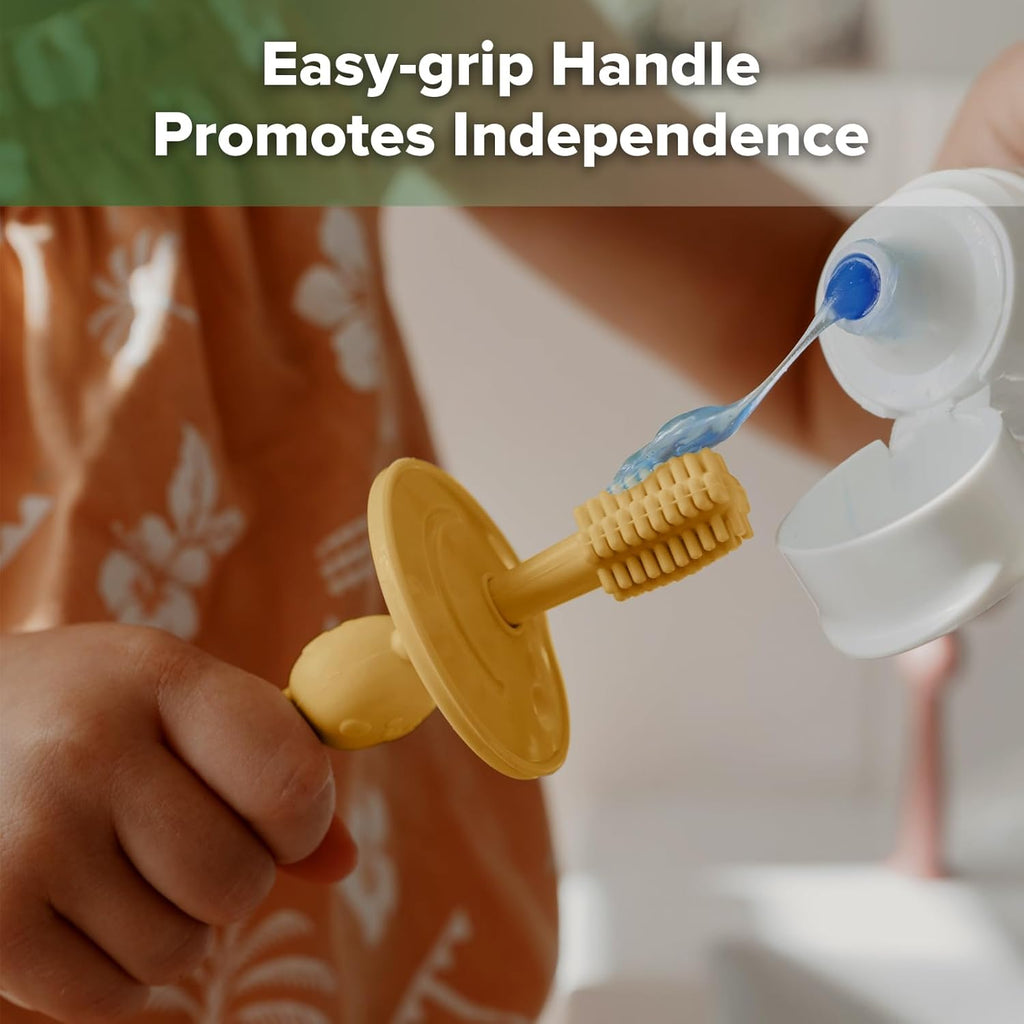 haakaa 360° Baby Toothbrush with Suction Base - Gentle Cleaning for Toddler's Self-Brushing Training, Food-Grade Silicone, Adjustable Safety Shield - Mustard (1 Piece)