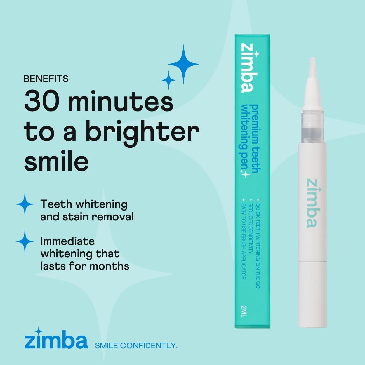 Zimba Travel Teeth Whitening Pen - Effective, Travel-Friendly, and Easy to Use Gel Whitening Pen - Stain Remover and Teeth Whitener for Coffee, Wine, Soda, and Other Stains - 2 mL Per Pen - (2 Pack)
