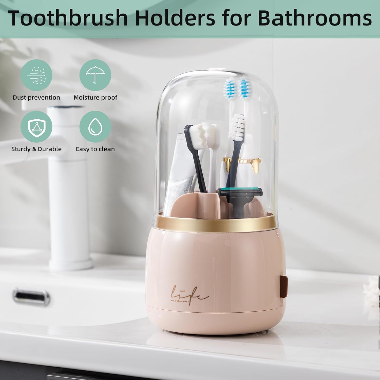 Toothbrush Holders for Bathrooms, Rotating 7 Slots Electric Toothbrush Holders with Cover, Countertop Toothpaste Organizers (Pink)