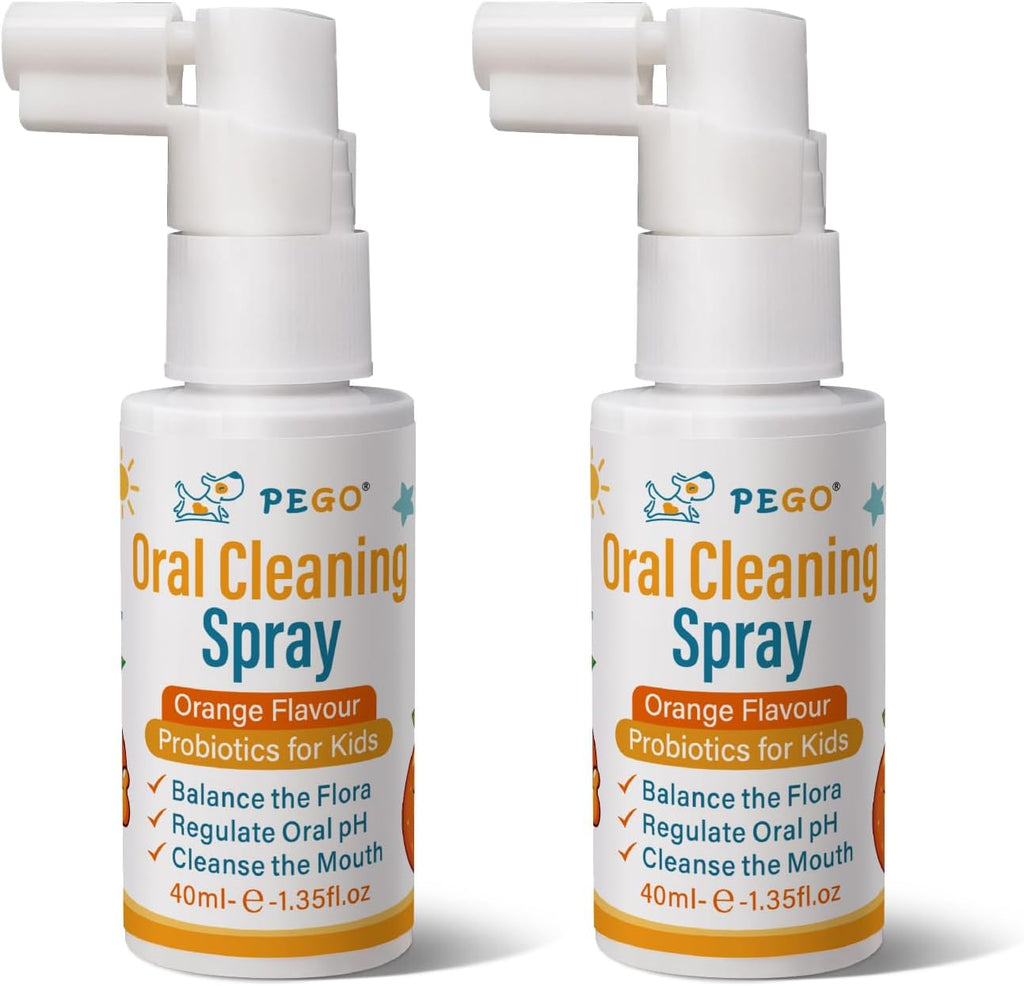 PEGO Kids Oral Spray, Toddler Toothpaste Helper for Fresh Breath，Kid's Mouth Spray with Fluoride Free for Newborn to 12 Years (2Pack, Orange)