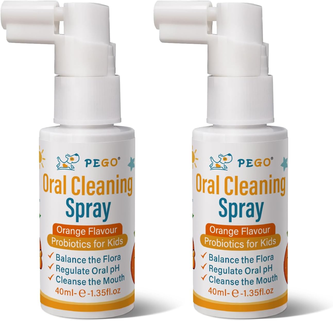 PEGO Kids Oral Spray, Toddler Toothpaste Helper for Fresh Breath，Kid's Mouth Spray with Fluoride Free for Newborn to 12 Years (2Pack, Orange)