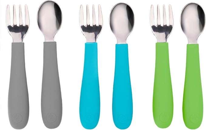 WeeSprout Toddler Utensils, 3 Forks & 3 Spoons, 18/8 Stainless Steel & Food Grade Silicone, Thick Easy-Grip Handles, Perfect Length For New Self Feeders, Gentle On Gums & Teeth, Dishwasher Safe