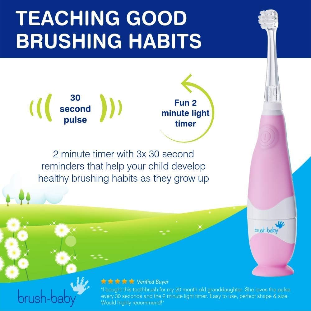 brush-baby BabySonic Infant and Toddler Electric Toothbrush for Ages 0-3 Years - Smart LED Timer and Gentle Vibration Provide a Fun Brushing Experience - Includes 2 Sensitive Brush Heads (Pink)