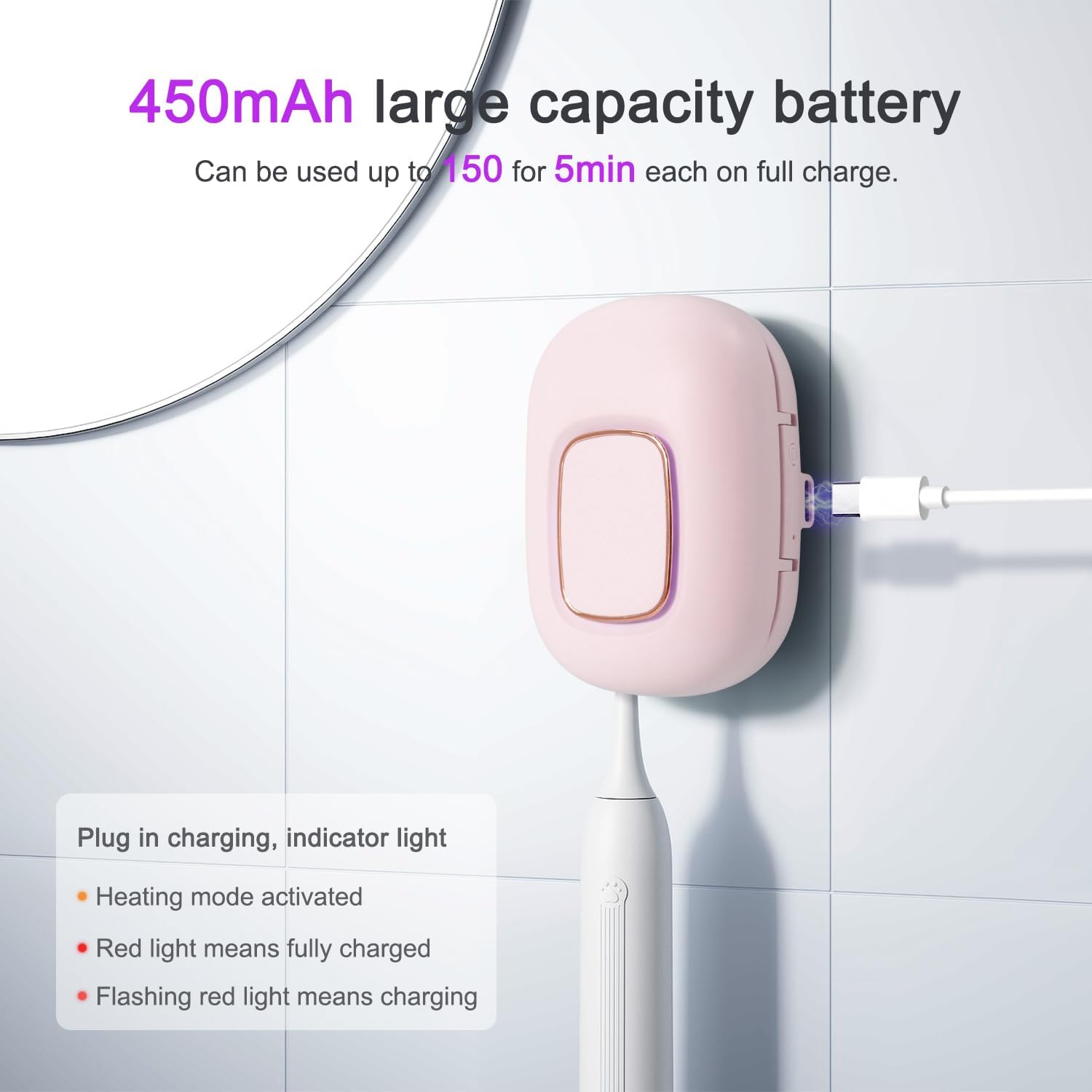 Toothbrush Holder, Toothbrush Cleaner Case, Portable USB Charging Toothbrush Cover with U V-C Light, Travel Toothbrush Holder (Pink-Fan-Heat)