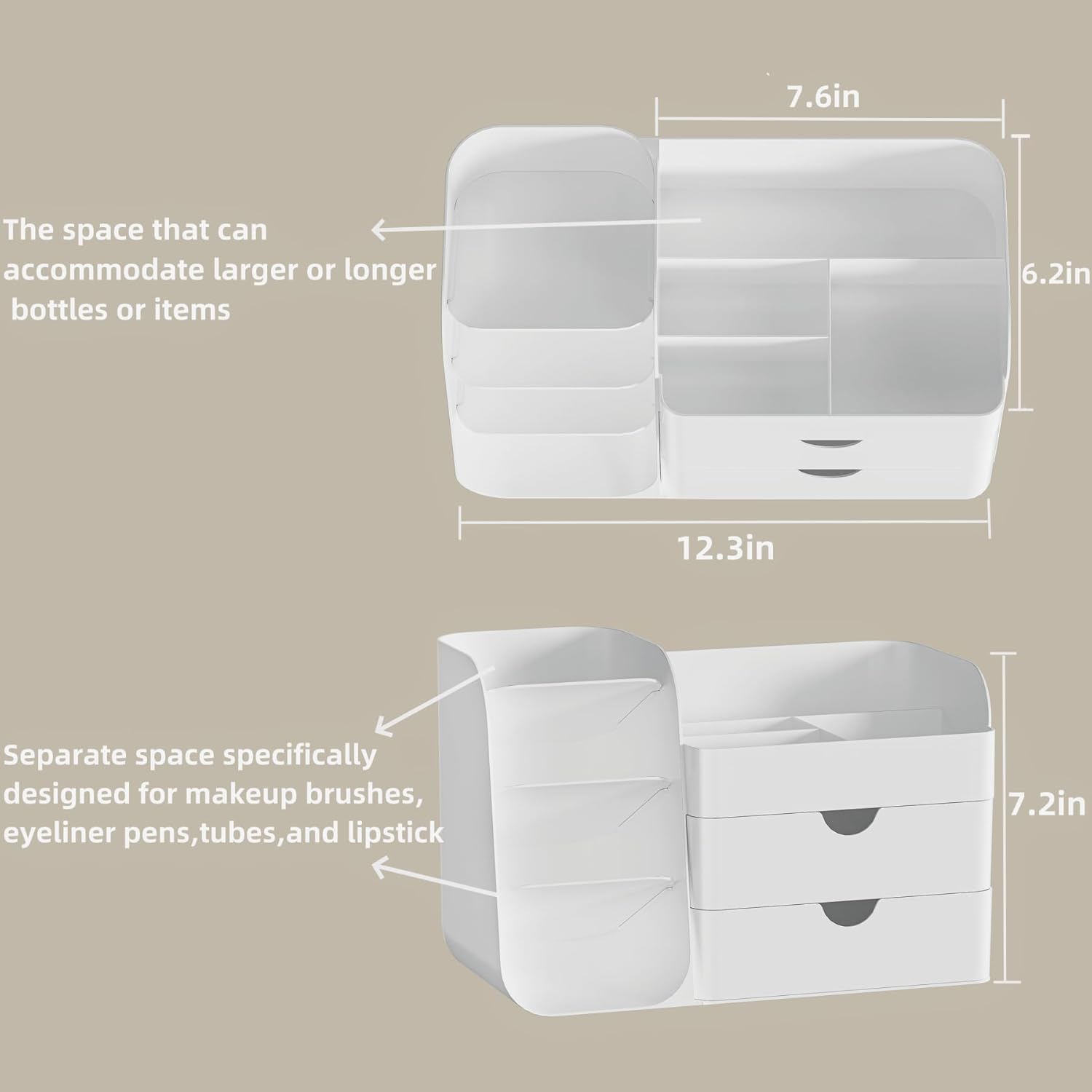 Makeup Organizer with Drawers,Large Capacity Countertop Organizer for Vanity,Bathroom and Bedroom Desk Cosmetics Organizer,Easy To Storage Skincare,Brushes, Eyeshadow,Lipstick (All White, Large)