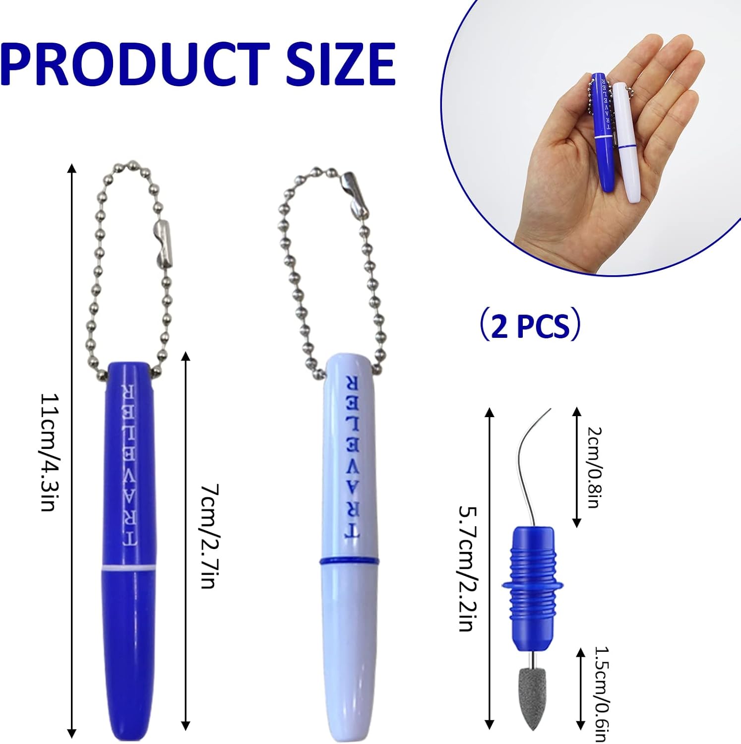 Portable Travel Toothpick Dental Tool, Stainless Steel Toothpick and Emery Stain Eraser, Metal Toothpick, Teeth Cleaning Plaque Remover Stain Remover with Chain (2)
