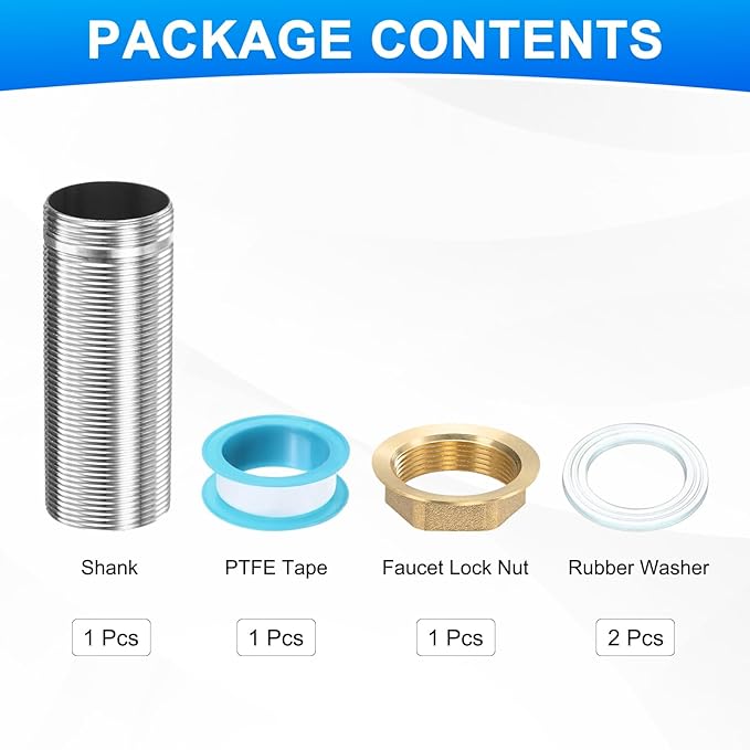 uxcell Faucet Mount Extension Shank 3.2"x 1.25" Stainless Steel Pipe Faucet Extension Nipple Locknut Kit Extension Threaded Lengthen Fixed High Foot with Raised Nut and Gasket Fittings