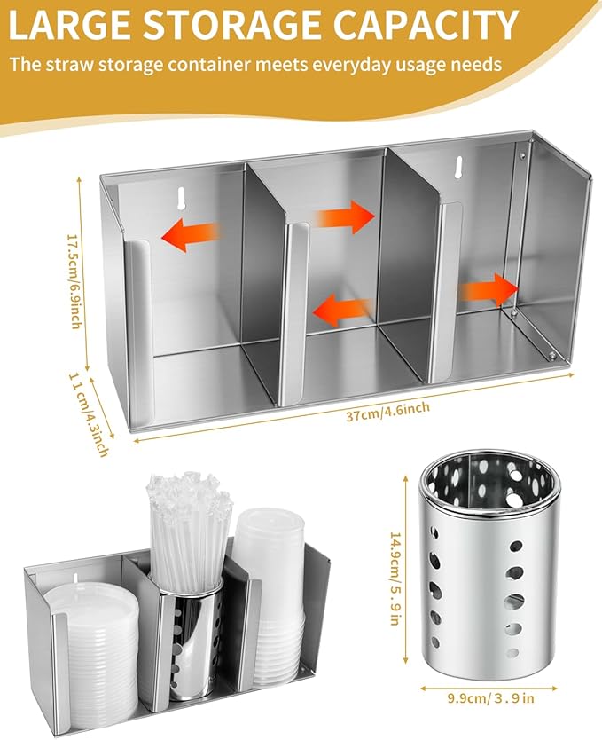 Stainless Steel Cup Dispenser,3 Compartments Cup Holder and Lid Holder with Adjustable Dividers,Cup Organizer for Kitchen Cabinets Cafe Shop Restaurant,Includes Straw Holder