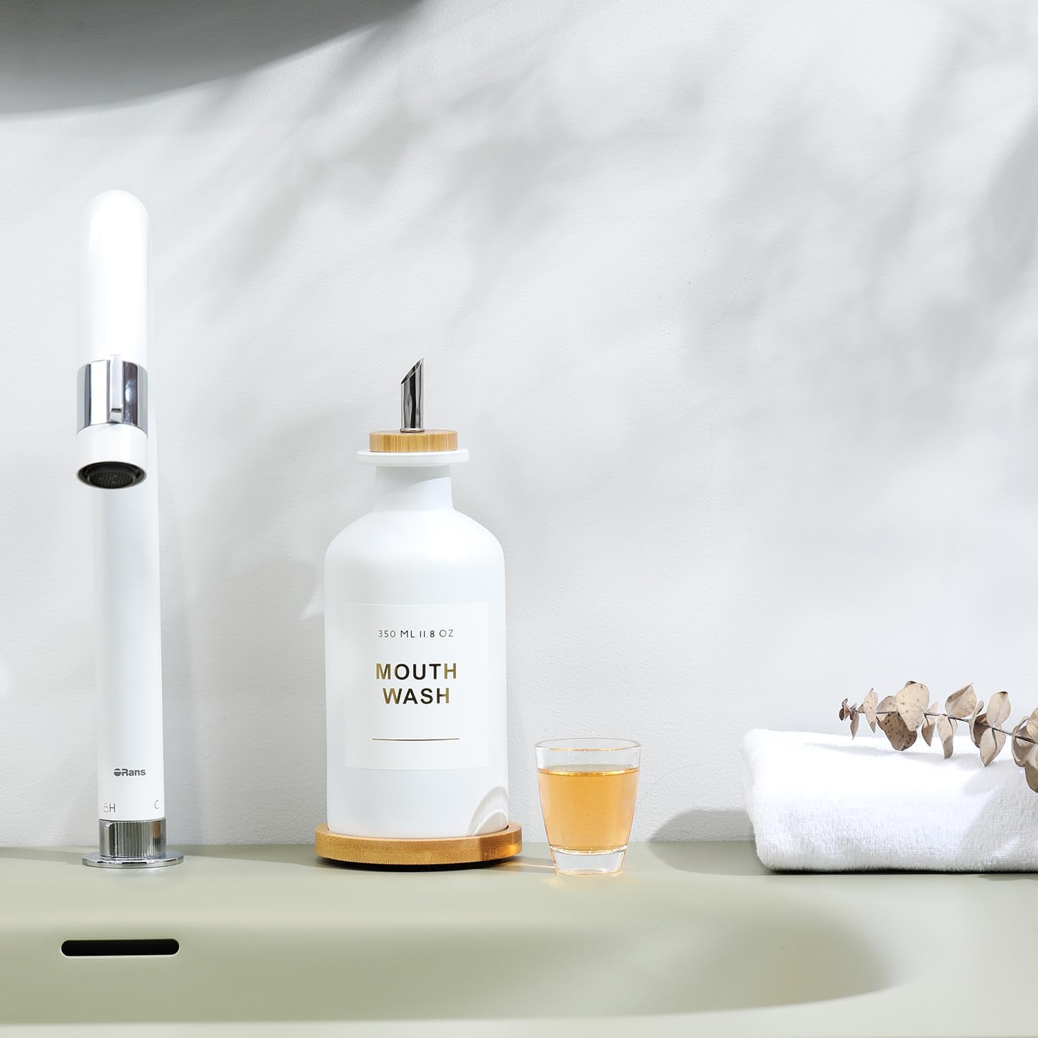 11.8OZ Mouthwash Dispenser for Bathroom with Bamboo & Stainless Steel Pour Spout, Mouthwash Cup Reusable, Bamboo Tray, and Elegant Gold Label. （White