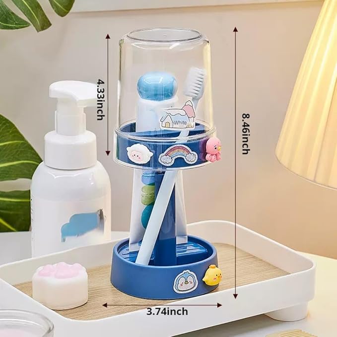 Kids Toothbrushes Holder with Cute Cup, with Kawaii Badge Sticker, Electric Toothbrush Holder for Kids Toddler, Tooth Brush Stand, Creative Bathroom Organizer Storage (Blue)