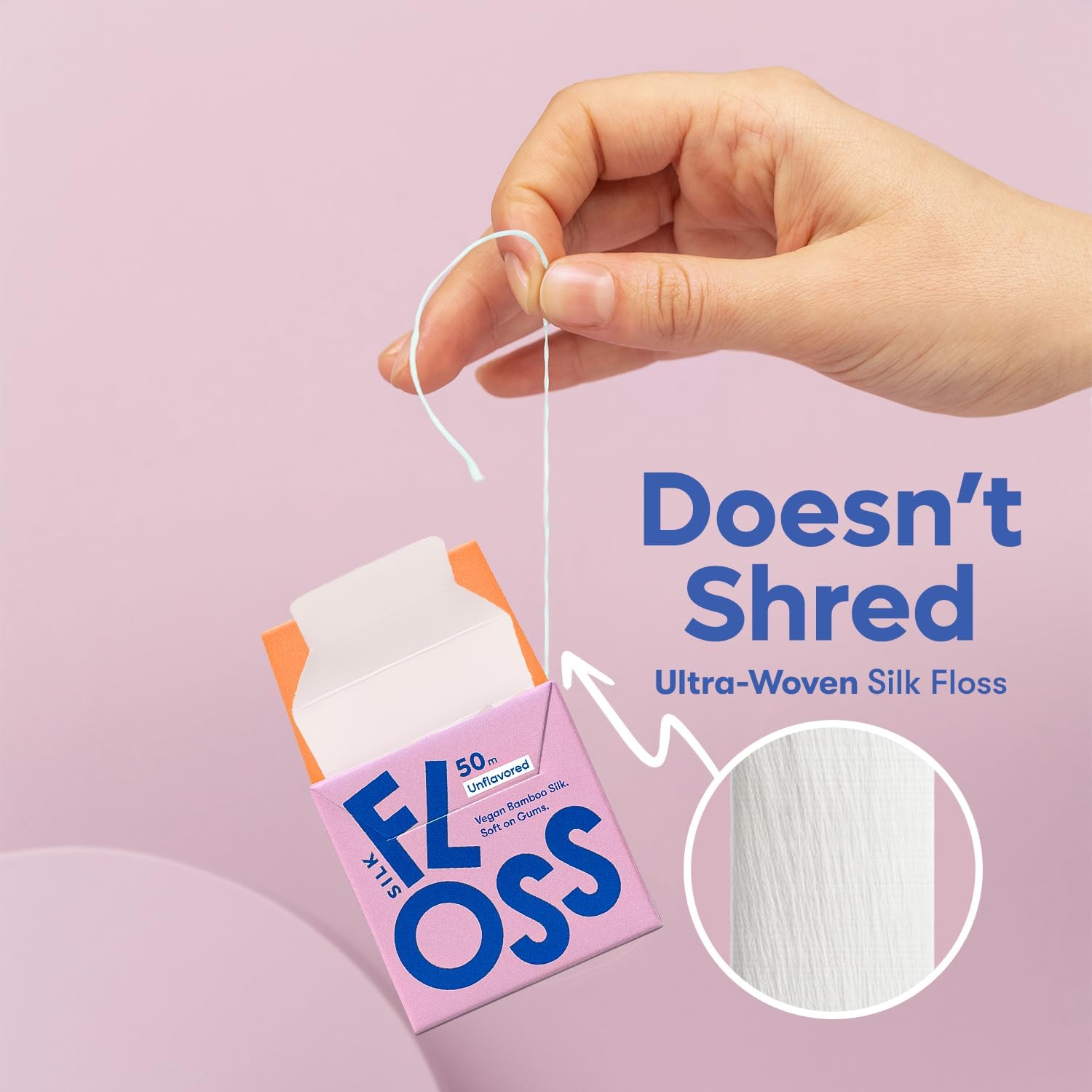 Vegan Bamboo Silk Floss - Pure Plastic Free Woven Dental Floss Thread | Zero Waste Eco-Friendly Oral Care | Natural PFA Free String for Adults & Kids Tight Teeth | Soft Easy Glide - Unflavored 55yds