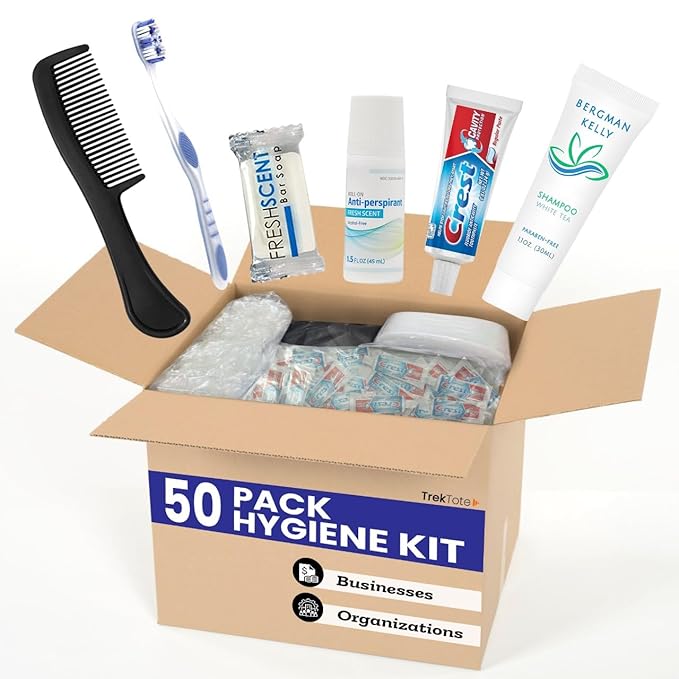 TrekTote 50 Pack Assemble Your Own Hygiene Kit, Bulk Hygiene Essentials, Travel Size Toiletries Set with Comb, Toothbrush, Toothpaste, Shampoo, Deodorant, Bag and More