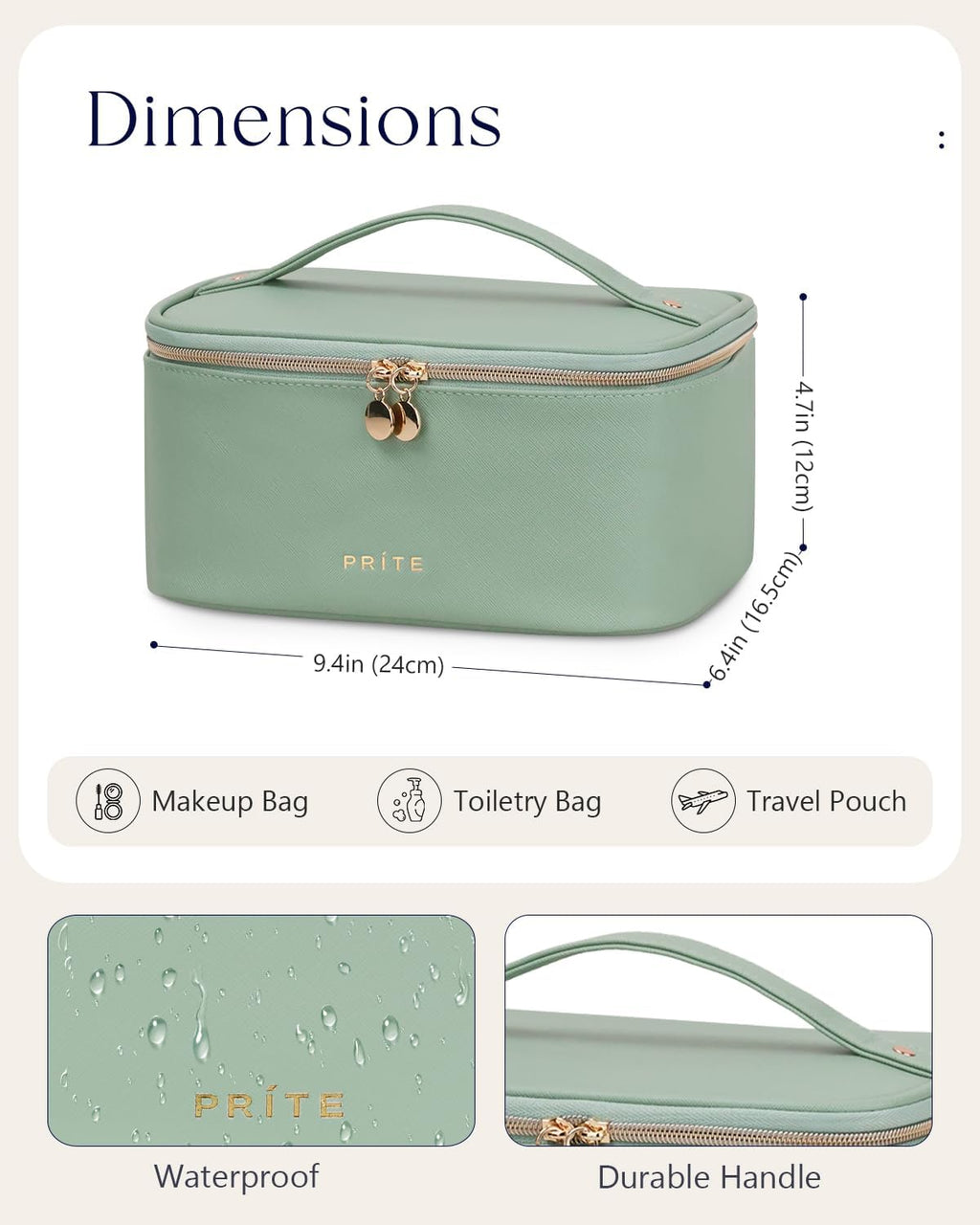 Prite Makeup Bag Portable Cosmetic Organizer with Brush Holder Waterproof Travel Toiletry Bag for Women with Handle and Divider (Green)