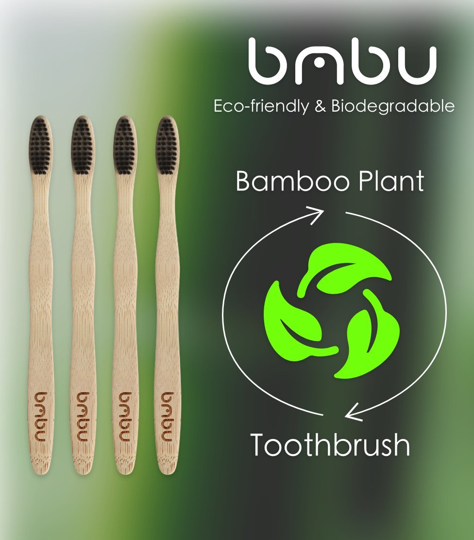 bmbu Bamboo Toothbrush 4 Pack - Medium/Soft Charcoal Bristles Tooth Brushes Wooden Handle - BPA Free, Eco Friendly, Vegan Product Gift Idea, Sustainably Grown in Recycled Biodegradable Packaging