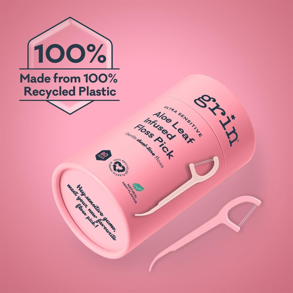 Grin Tooth Picks Flossers for Adults – Aloe Leaf Infused Dental Floss Picks for Teeth Cleaning - Natural Mint Flavor - 100% Recycled Plastic Handle - 80 Count Canister (Pack of 3)