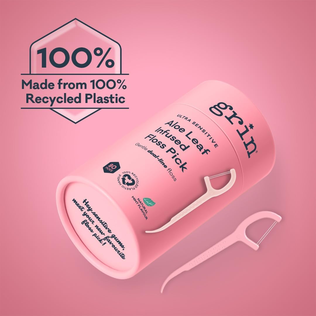 Grin Tooth Picks Flossers for Adults – Aloe Leaf Infused Dental Floss Picks for Teeth Cleaning - Natural Mint Flavor - 100% Recycled Plastic Handle - 80 Count Canister (Pack of 3)
