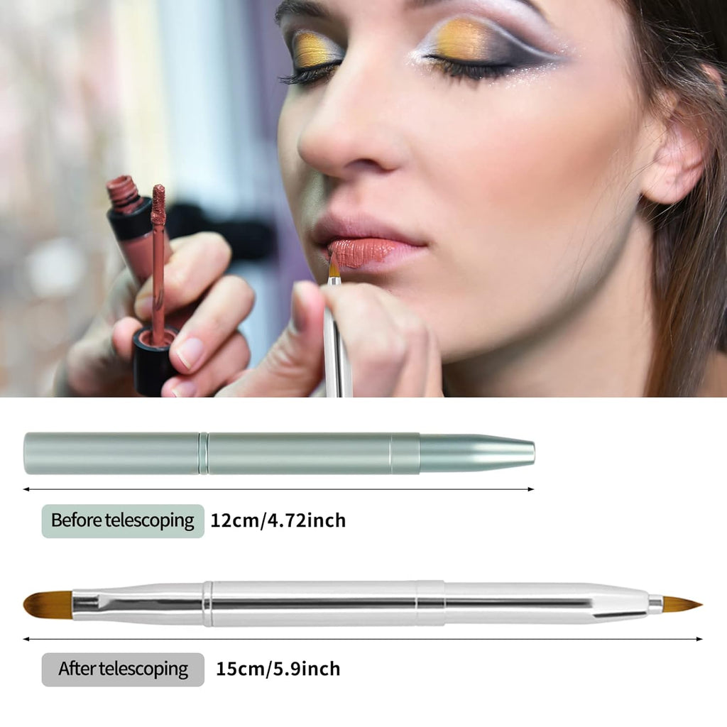 Unaone [2 Pack] Lip Brush for Lipstick, Retractable Lip Brushes, Dual-ended Makeup Brush for Lipstick Lip Gloss, Include Lid Silver and Green