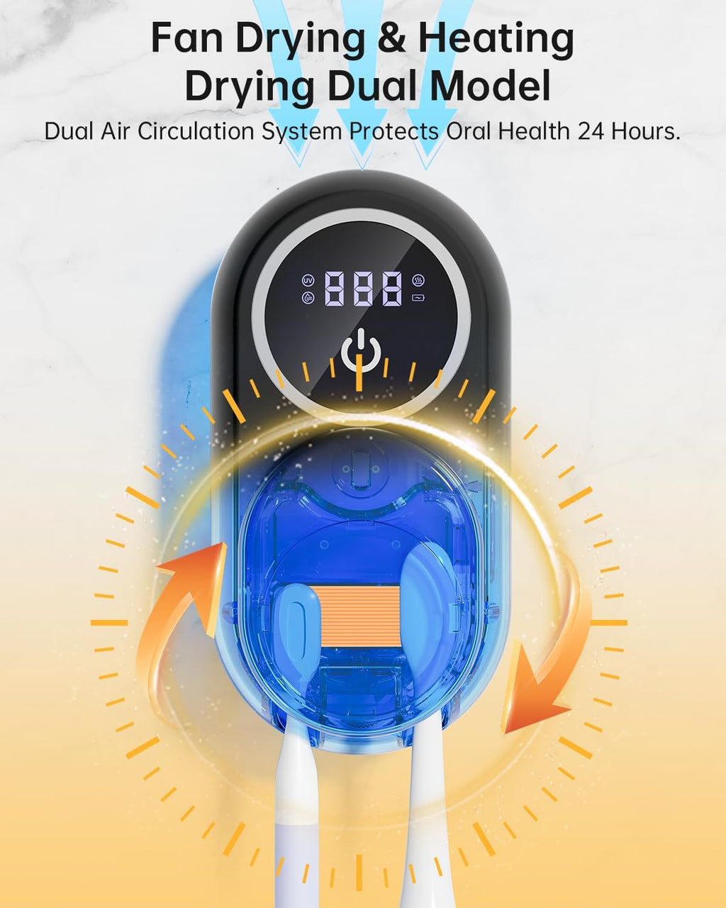 Toothbrush Holder & Toothbrush Cleaner, UV Toothbrush Sanitizer and Holder 2 Slots, Cleaning and Fan & Heat Drying, LED Smart Screen, Wall Mounted Tooth Brush Holder for Bathrooms (Black)