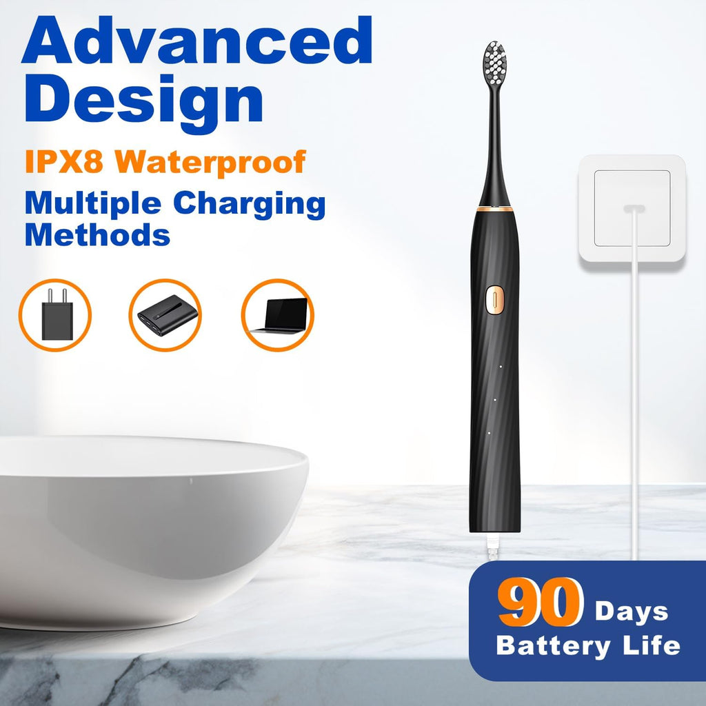 FXQQZZ Electric Toothbrush for Adults and Kids, with Tongue Scraper and Travel Case, 8 Brush Head, Smart Timer & 4 Modes Rechargeable Toothbrush, 42000 VPM Deep Clean, One Charge Last 90 Days - Black