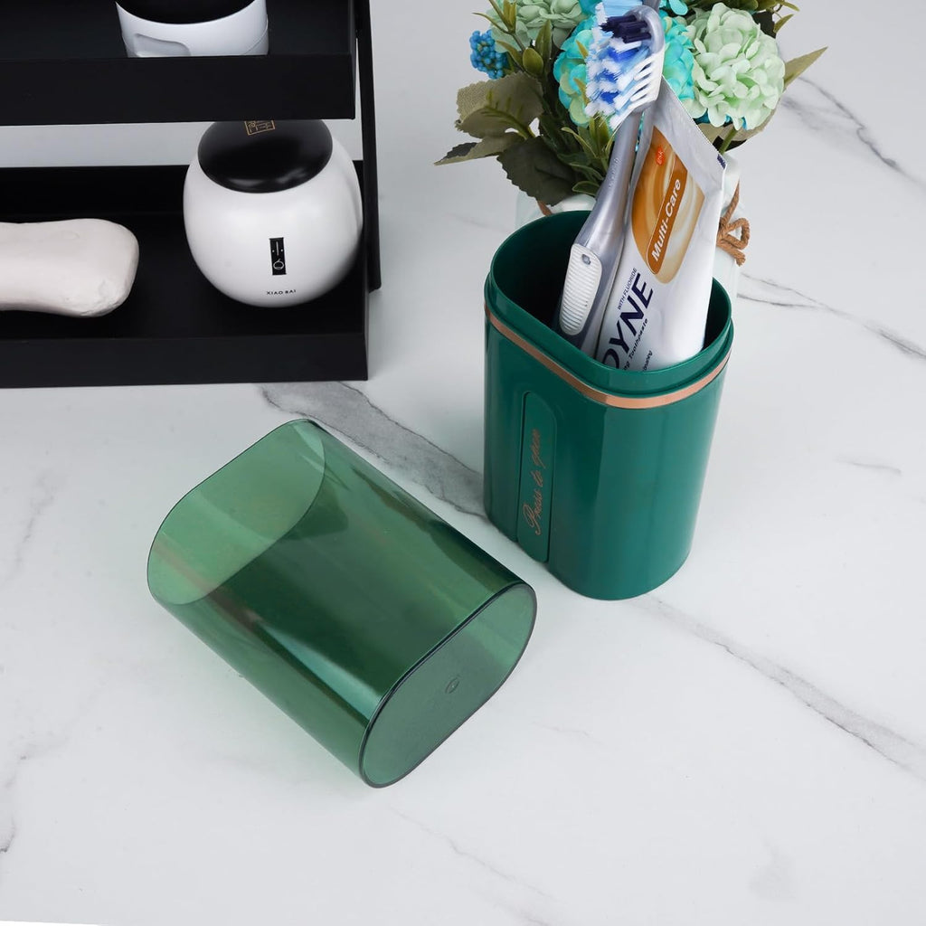 Toothbrush Travel Case, Portable Toothbrush Toothpaste Container with Mouthwash Cup, Wall Mounted Toobrushbrush Holder for Bathroom, Camping, Gym (Green)
