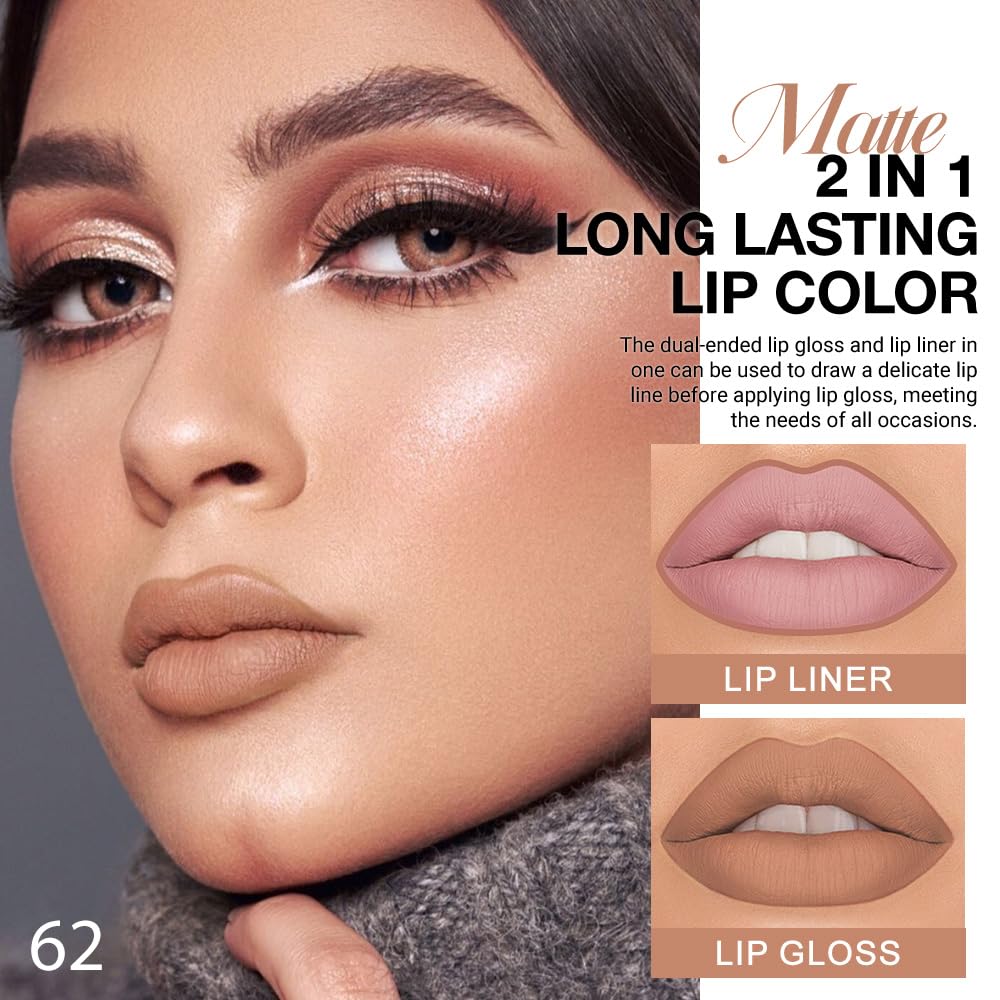 1Pcs 2 in 1 True Nude Matte Lip Liner and Liquid Lipstick Stain Makeup Set for women, True Nude Long Lasting Smudge Proof Lip Tint Matte Finish Lip Gloss for All-Day Color Hold Easy to Use 62#