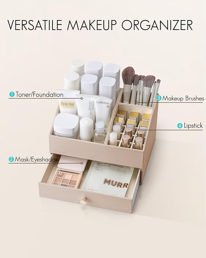 Vlando Makeup Organzier,Vanity Organizer with Drawers, PU Leather Skincare Organizer Perfume Organizer,Large Cosmetic Display Case for Lipstick,Brushes Gifts for Women-Toffee