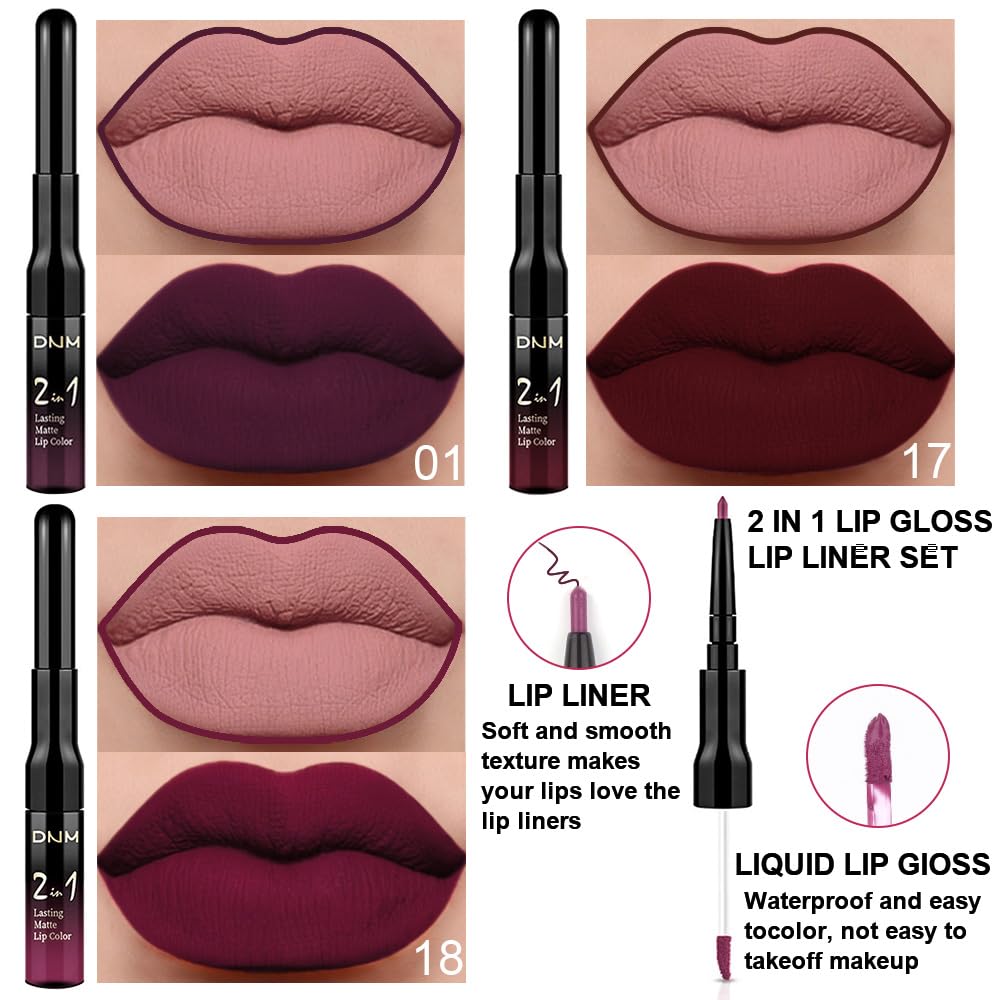 3Pcs 2 in 1 Dark Deep Red Purple Plum Black Cherry Lip Liner and Liquid Lipstick Stain Makeup Set for women, Long Lasting Smudge Proof Lip Tint Matte Finish Lip Gloss for All-Day Color Hold, Set11