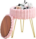 Wimarsbon Vanity Stool with Storage, Faux Fur Ottoman Chair with Metal Legs, Round Makeup Vanity Chair for Bedroom or Dressing Table, Modern Small Ottoman Seat (Pink)