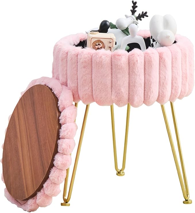 Wimarsbon Vanity Stool with Storage, Faux Fur Ottoman Chair with Metal Legs, Round Makeup Vanity Chair for Bedroom or Dressing Table, Modern Small Ottoman Seat (Pink)